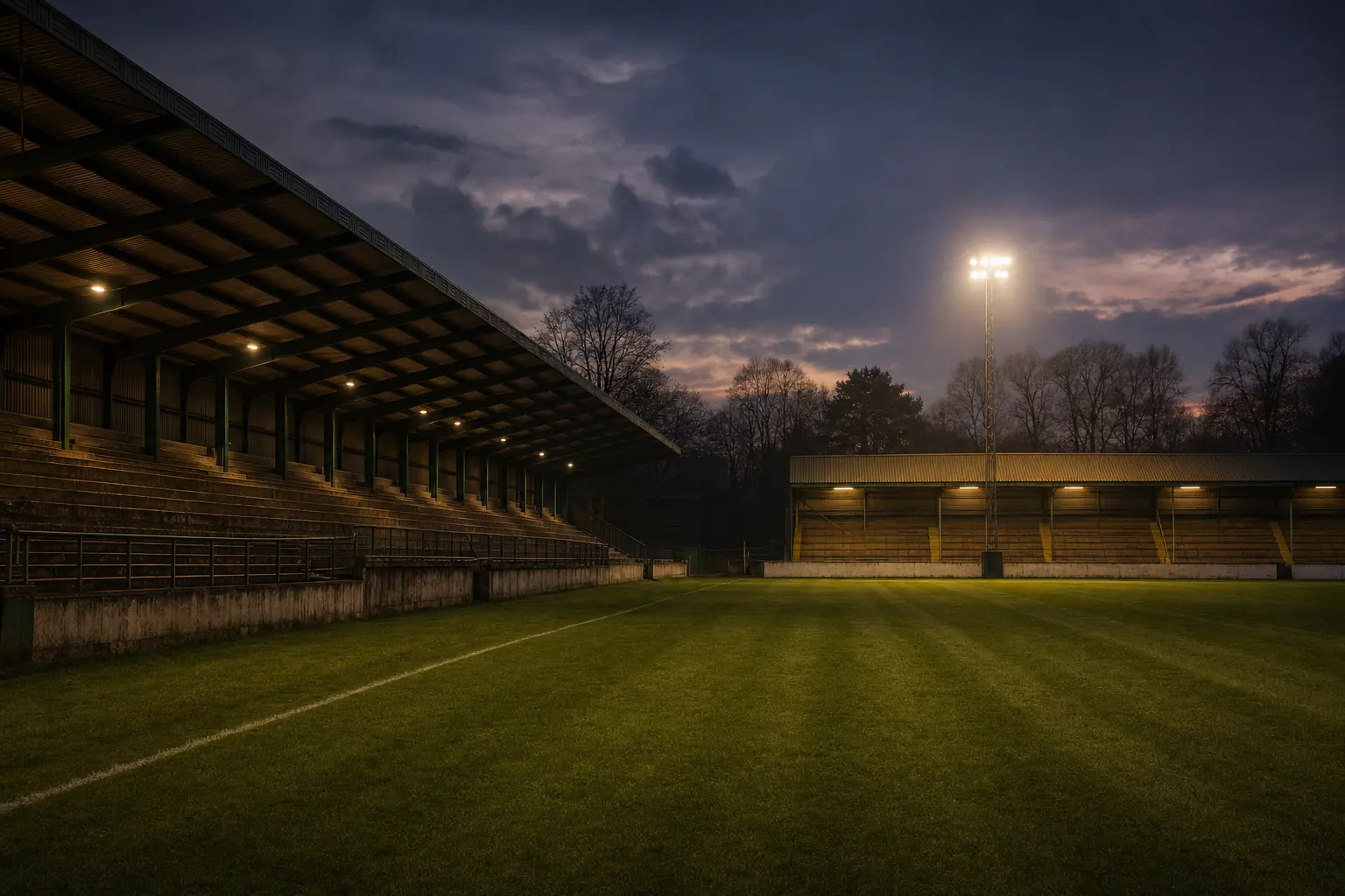 Flutlichtstadion der 3. Liga in der Dämmerung