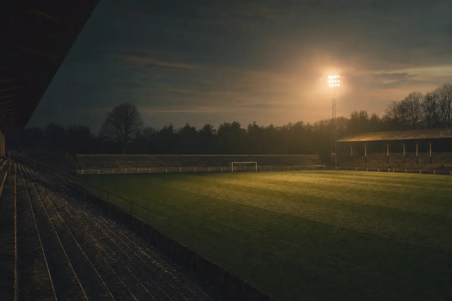 Flutlichtstadion der 3. Liga bei Nacht