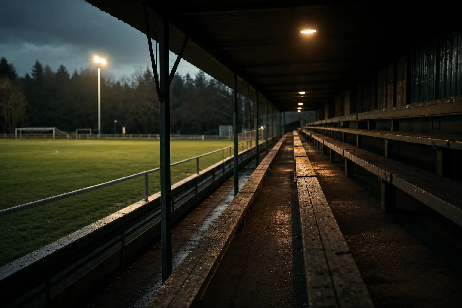 Überdachte Fußballtribüne in der Dämmerung