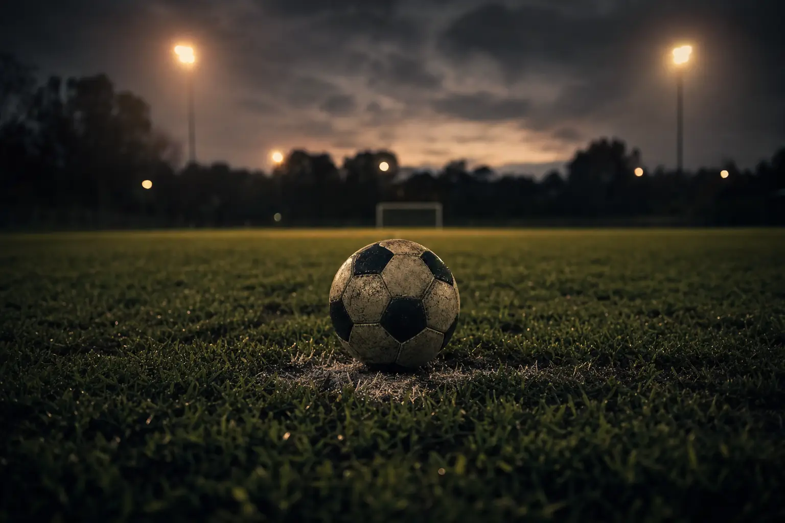Fußball auf dem Elfmeterpunkt unter Flutlicht