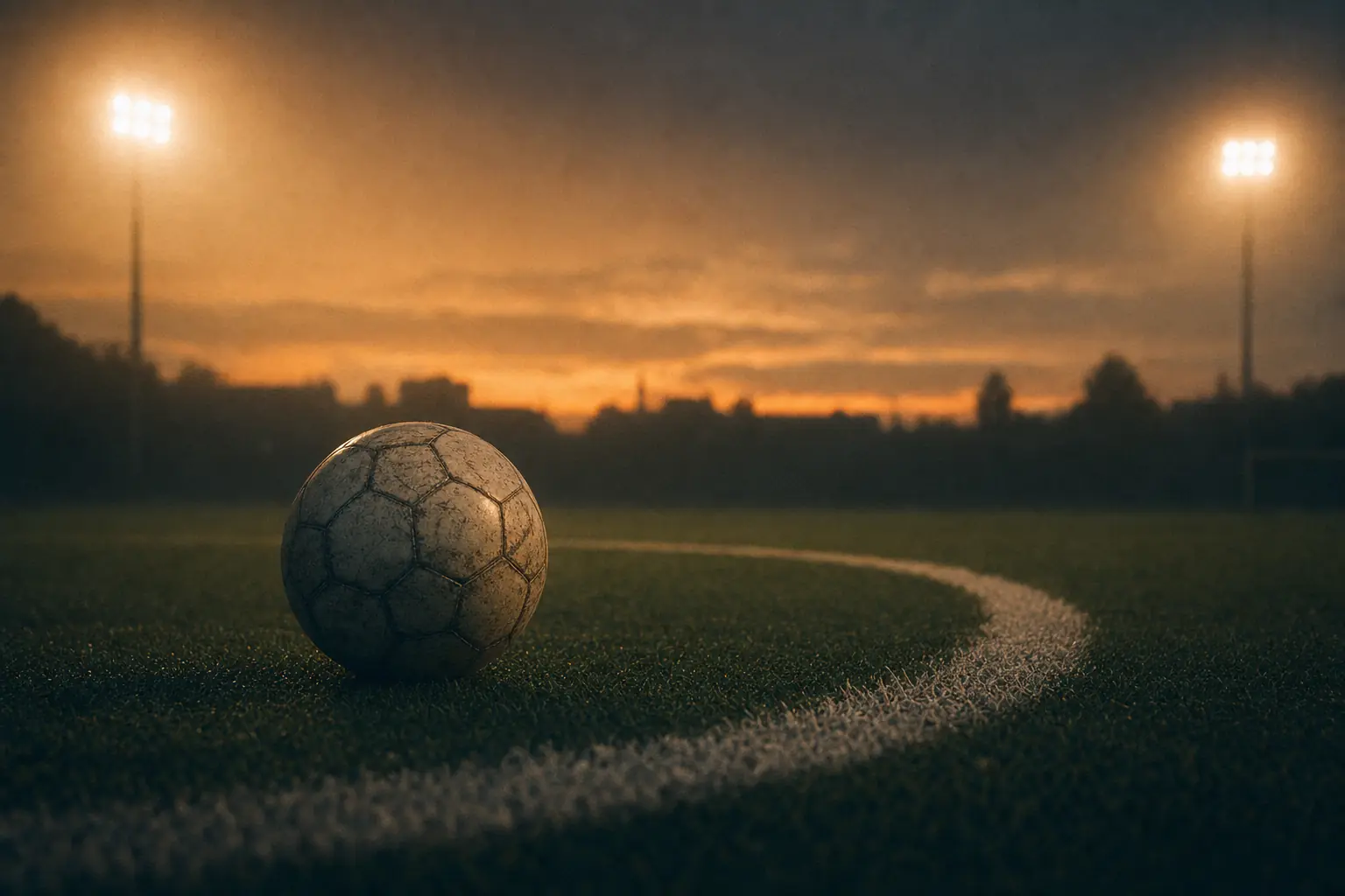 Fußball im Mittelkreis unter Flutlicht