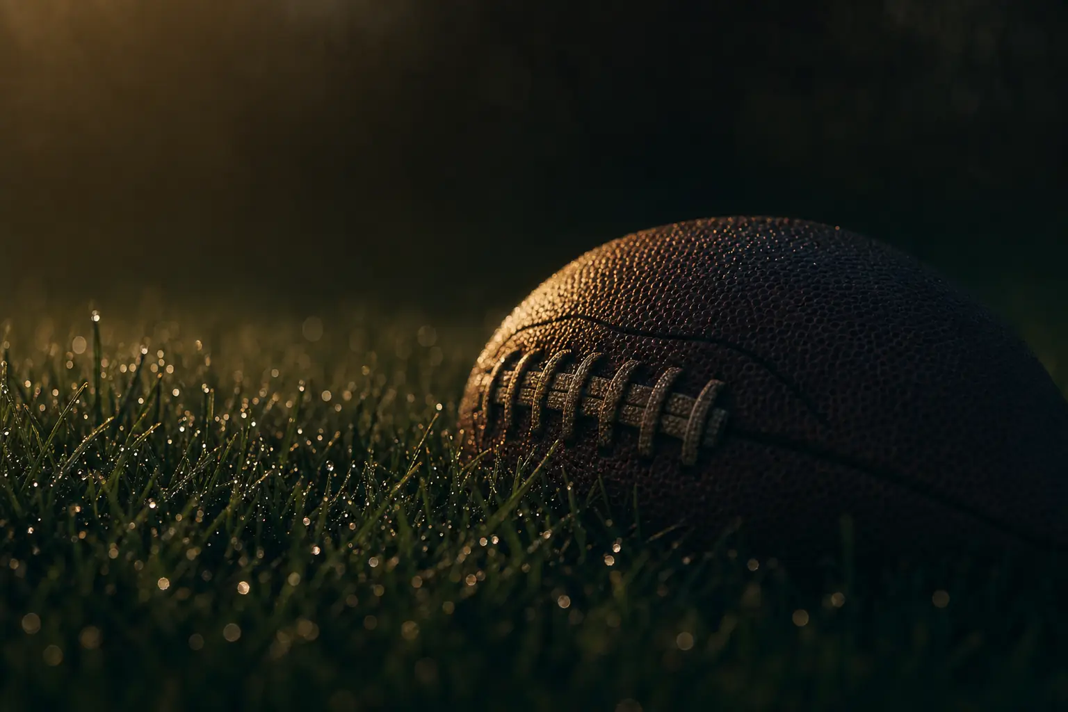 Fußball im taunassen Gras im Gegenlicht