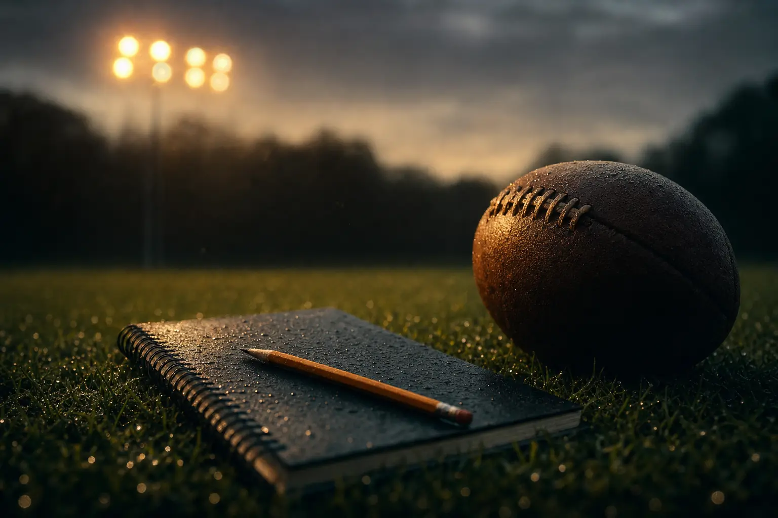 Fußball und Notizbuch auf dem Rasen