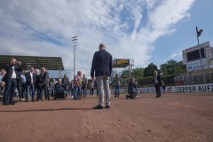 Spatenstich zum Rückbau der Westtribüne im Preußenstadion am 9. Juni 2022.